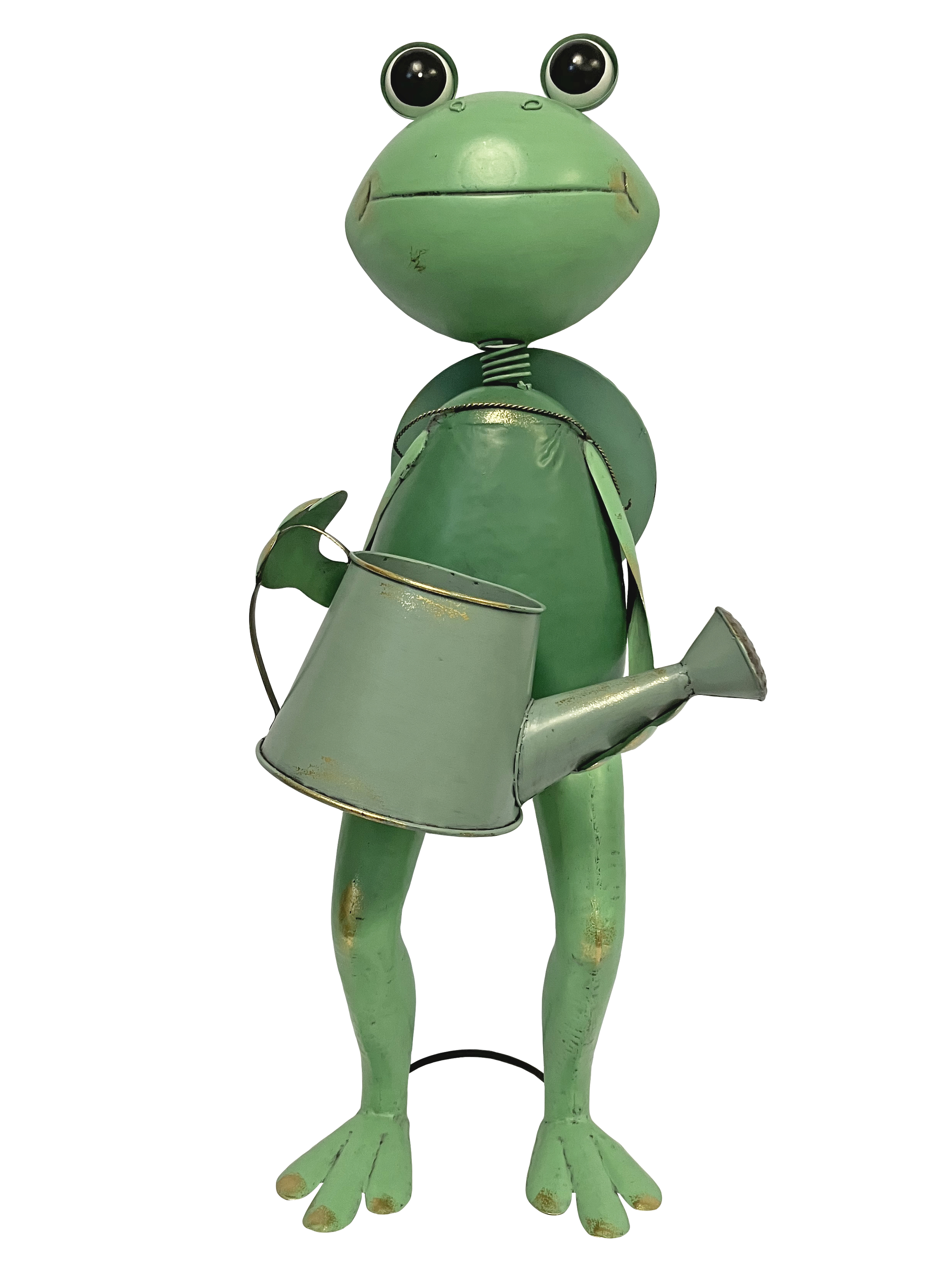 24171 // Metal Green Enameled Frog Statue Holding Watering Can