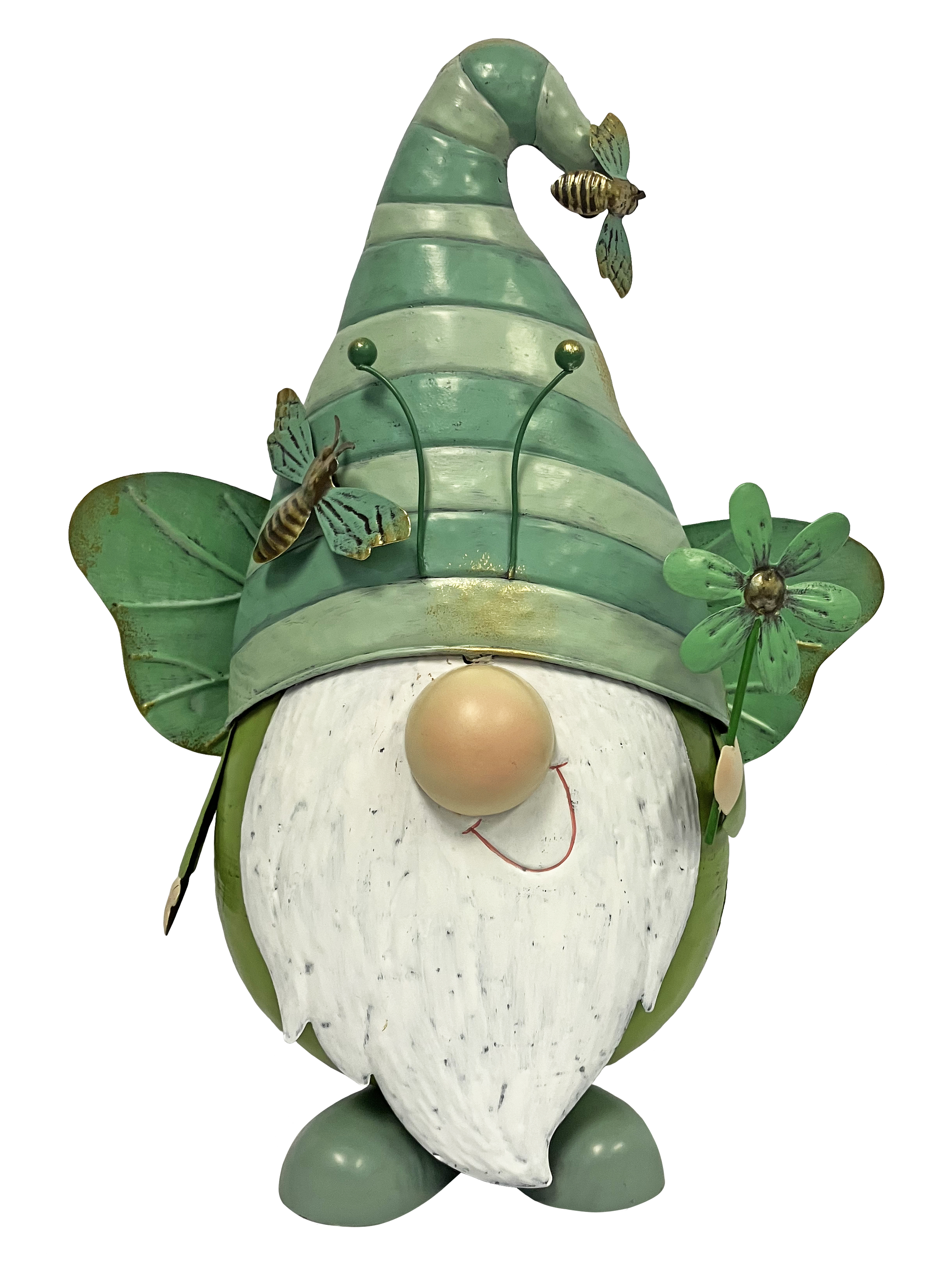 24186 // Colorful Enameled Metal Large Green Flying Gnome Statue